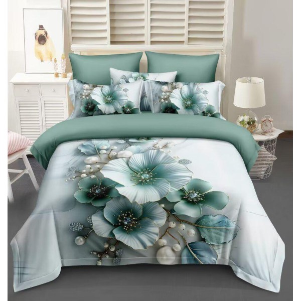 Lenjerie de Pat Dublu 6 Piese 5D cu Cearșaf cu Elastic – Model Flori Verde Mentă Elegant, LFL-066