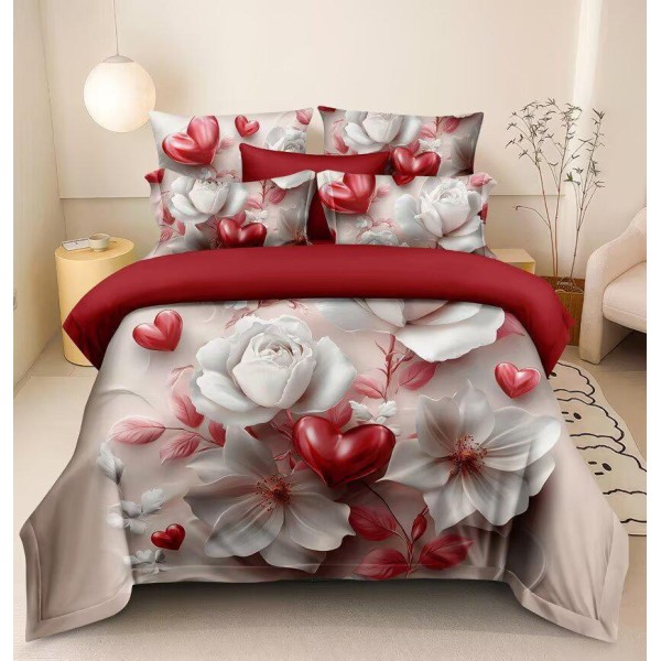 Lenjerie de Pat Dublu 6 Piese 5D cu Cearșaf cu Elastic – Model Trandafiri Albi și Inimi Roșii Romantic, LFL-063