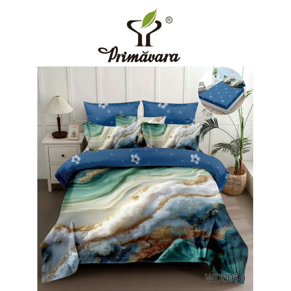 Lenjerie Pat 4 Piese 5D cu Cearșaf Elastic – Model Abstract Verde Smarald & Auriu, LFL-058