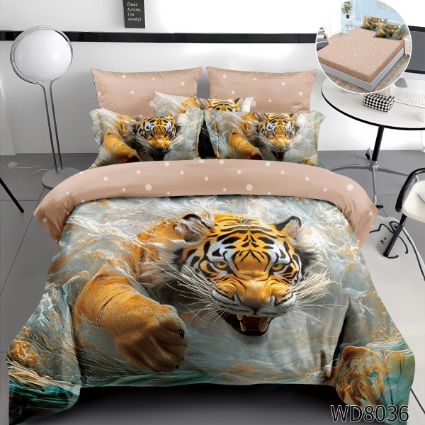 Lenjerie de Pat Dublu 4 Piese 5D cu Cearșaf cu Elastic – Model Tigru 3D Spectaculos, LFL-100