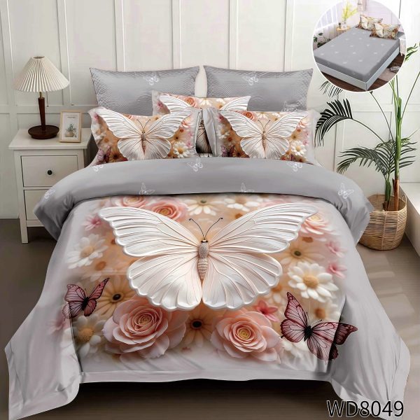 Lenjerie de Pat Dublu 4 Piese 5D cu Cearșaf cu Elastic – Model Fluture Alb 3D cu Trandafiri, LFL-101