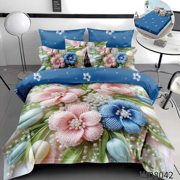 Lenjerie de Pat Dublu 4 Piese 5D cu Cearșaf cu Elastic – Model Floral Albastru cu Perle 3D, LFL-102