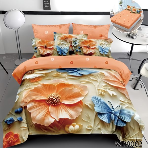 Lenjerie de Pat Dublu 4 Piese 5D cu Cearșaf cu Elastic – Model Floral Portocaliu cu Fluturi Albaștri 3D, LFL-103