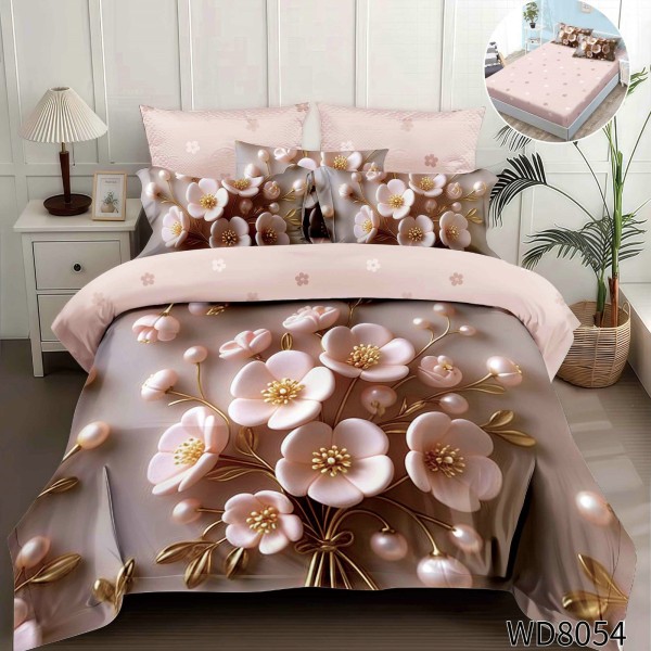 Lenjerie de Pat Dublu 4 Piese 5D cu Cearșaf cu Elastic – Model Floral Roz Pudrat cu Detalii Aurii 3D, LFL-104