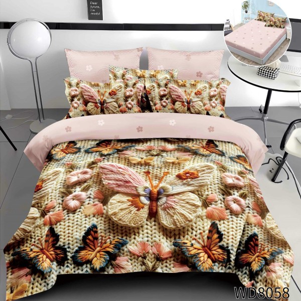 Lenjerie de Pat Dublu 4 Piese 5D cu Cearșaf cu Elastic – Model Fluturi Brodați pe Fundal Bej, LFL-105