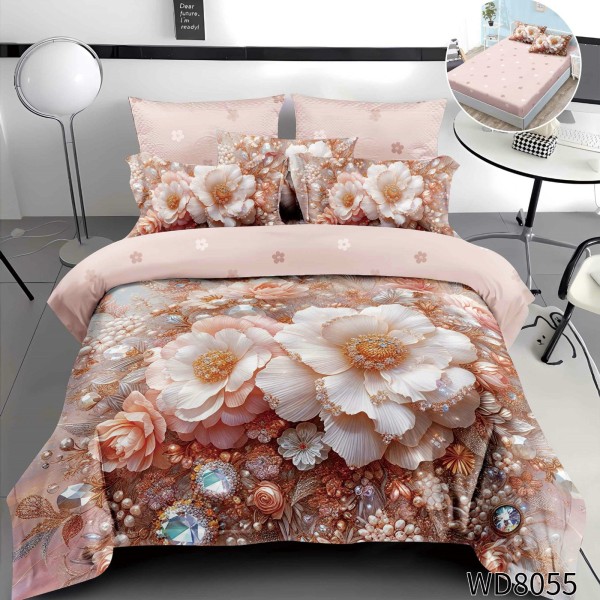 Lenjerie de Pat Dublu 4 Piese 5D cu Cearșaf cu Elastic – Model Floral Elegant Roz Pudrat și Auriu, LFL-106