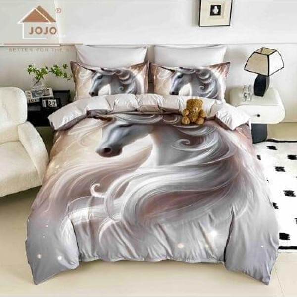 Lenjerie de Pat Dublu 6 Piese 5D cu Cearșaf cu Elastic – Model Cal Alb Artistic, Gri-Bej Elegant, LFL-109