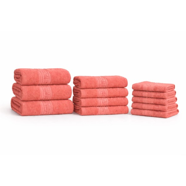 Set 12 Prosoape din Bumbac 100% – Densitate 550 gr/mp, Model Grecesc Premium, 30x50 / 50x90 / 70x130 cm, Roz, PCG-096