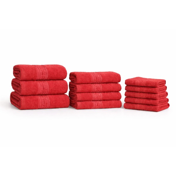 Set 12 Prosoape din Bumbac 100% – Densitate 550 gr/mp, Model Grecesc Premium, 30x50 / 50x90 / 70x130 cm, Rosu, PCG-100