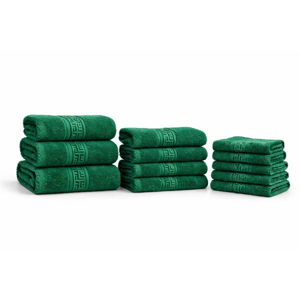 Set 12 Prosoape din Bumbac 100% – Densitate 550 gr/mp, Model Grecesc Premium, 30x50 / 50x90 / 70x130 cm, Verde, PCG-102