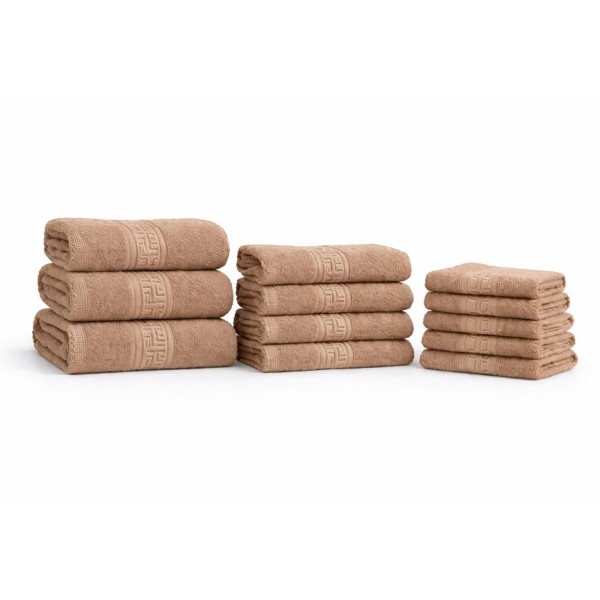 Set 12 Prosoape din Bumbac 100% – Densitate 550 gr/mp, Model Grecesc Premium, 30x50 / 50x90 / 70x130 cm, Bej, PCG-105