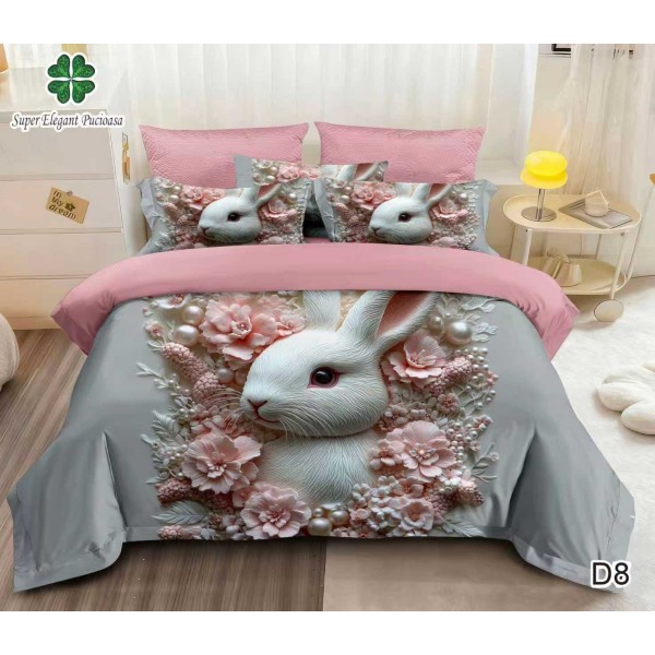 Lenjerie de Pat Dublu 6 Piese 5D cu Cearșaf cu Elastic – Model Iepuraș Alb cu Flori Roz, LFL-111