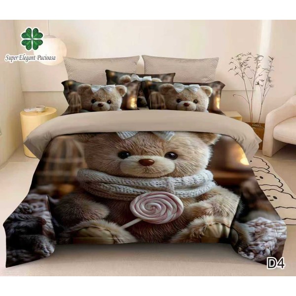 Lenjerie de Pat Dublu 6 Piese 5D cu Cearșaf cu Elastic – Model Ursuleț Teddy cu Acadea, Nuanțe Maro-Bej, LFL-112