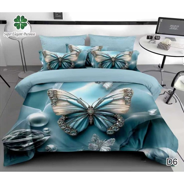 Lenjerie de Pat Dublu 6 Piese 5D cu Cearșaf cu Elastic – Model Fluture Turcoaz cu Detalii Cristal, LFL-113