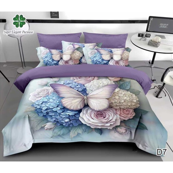 Lenjerie de Pat Dublu 6 Piese 5D cu Cearșaf cu Elastic – Model Fluturi Mov și Flori Pastel, LFL-115