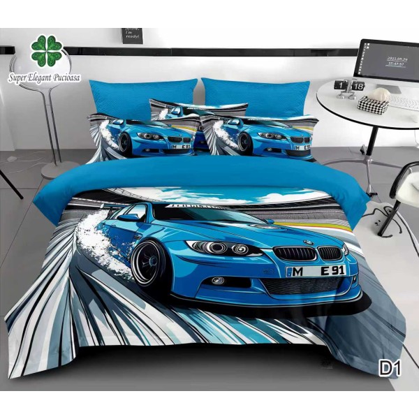 Lenjerie de Pat Dublu 6 Piese 5D cu Cearșaf cu Elastic – Model Mașină Sport Albastră, LFL-117