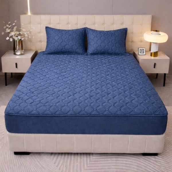 Husă Topper pentru Saltea 160x200 cm – Albastru Petrol Matlasat cu Elastic + 2 Fețe de Pernă, HTC-021