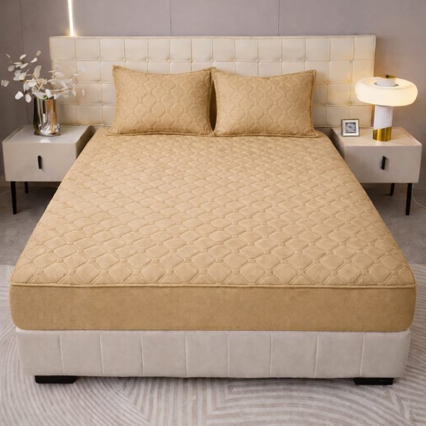 Husă Topper pentru Saltea 160x200 cm – Auriu Muștar Matlasat cu Elastic + 2 Fețe de Pernă, HTC-005