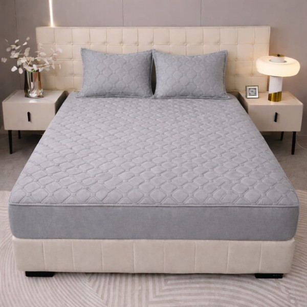 Husă Topper pentru Saltea 160x200 cm – Gri Matlasat cu Elastic + 2 Fețe de Pernă, HTC-077