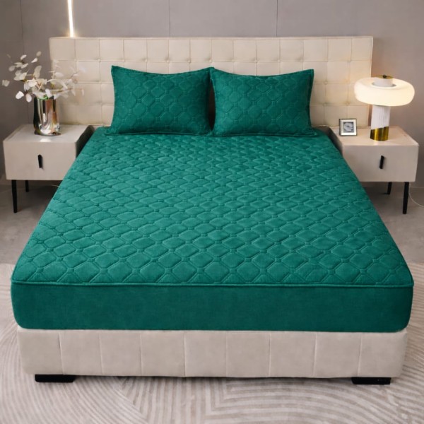 Husă Topper pentru Saltea 160x200 cm – Verde Matlasat cu Elastic + 2 Fețe de Pernă, HTC-017