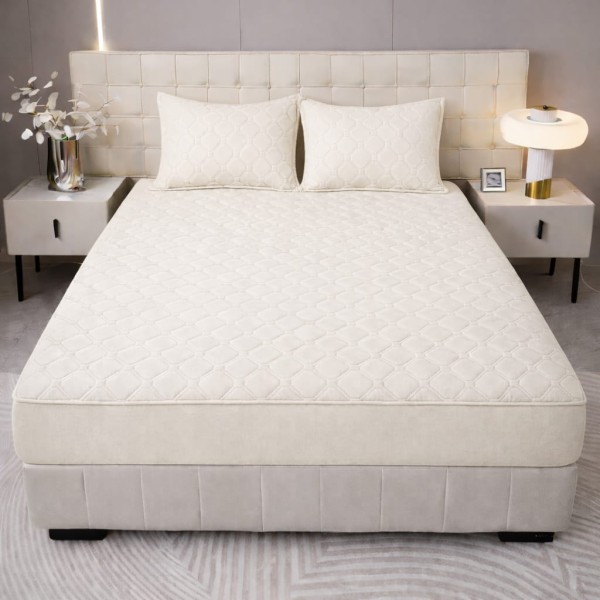 Husă Topper pentru Saltea 160x200 cm – Crem Matlasat cu Elastic + 2 Fețe de Pernă, HTC-008