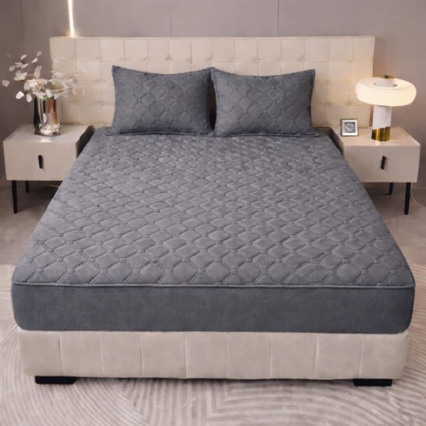 Husă Topper pentru Saltea 160x200 cm – Gri Închis Matlasat cu Elastic + 2 Fețe de Pernă, HTC-076