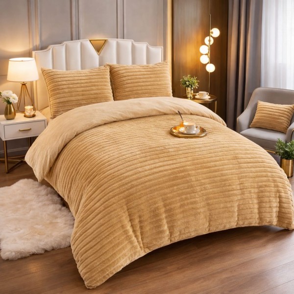 Set Lenjerie Pufoasă Cocolino cu Elastic 4 Piese, Pat Dublu, Bej, Model Dungi Reliefati, LEC-160