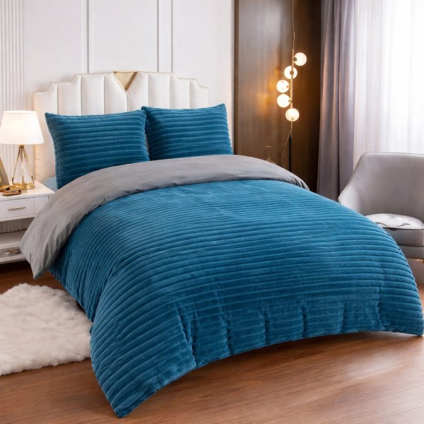 Set Lenjerie Pufoasă Cocolino cu Elastic 4 Piese, Pat Dublu, Albastru, Model Dungi Reliefati, LEC-162