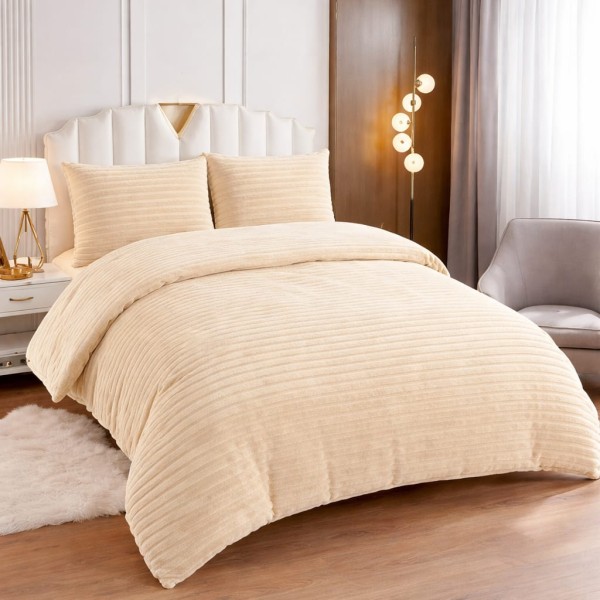 Set Lenjerie Pufoasă Cocolino cu Elastic 4 Piese, Pat Dublu, Crem, Model Dungi Reliefati, LEC-163