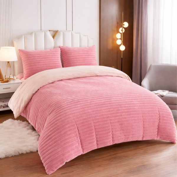 Set Lenjerie Pufoasă Cocolino cu Elastic 4 Piese, Pat Dublu, Roz, Model Dungi Reliefati, LEC-164