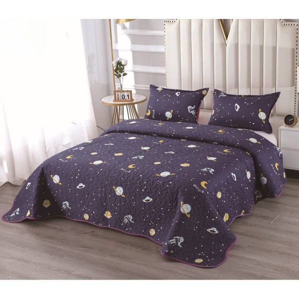 Cuvertură Pat Dublu cu 2 Fețe de Pernă din Bumbac Satinat –  Model Spațial Bleumarin cu Planete, OCT-016