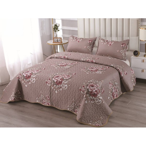 Cuvertură Pat Dublu cu 2 Fețe de Pernă din Bumbac Satinat – Model Floral Elegant Roz Pudrat, OCT-033