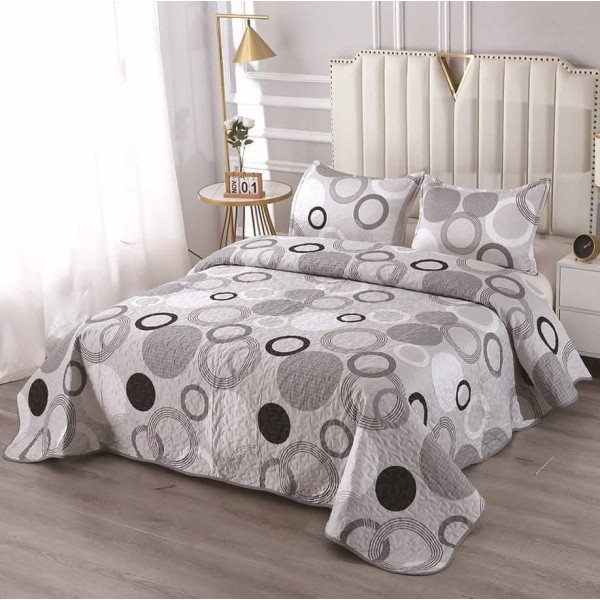 Cuvertură Pat Dublu cu 2 Fețe de Pernă din Bumbac Satinat – Model Cercuri Gri & Negru Modern, OCT-019