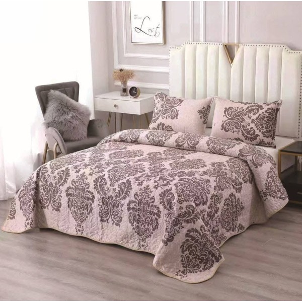 Cuvertură Pat Dublu cu 2 Fețe de Pernă din Bumbac Satinat – Model Elegant Bej cu Maro, OCT-028