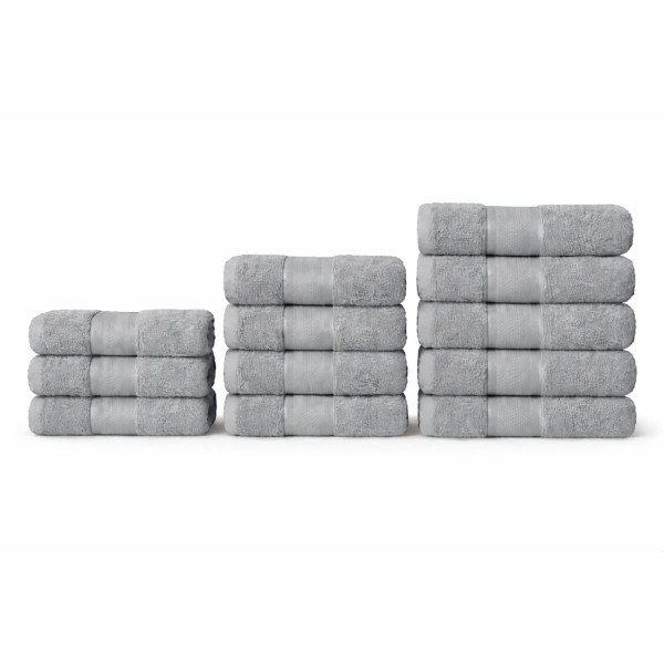 Set 12 Prosoape din Bumbac 100%  Pakistanez – Densitate 400 gr/mp, 30x50 / 50x90 / 70x130 cm, Gri, PCG-111