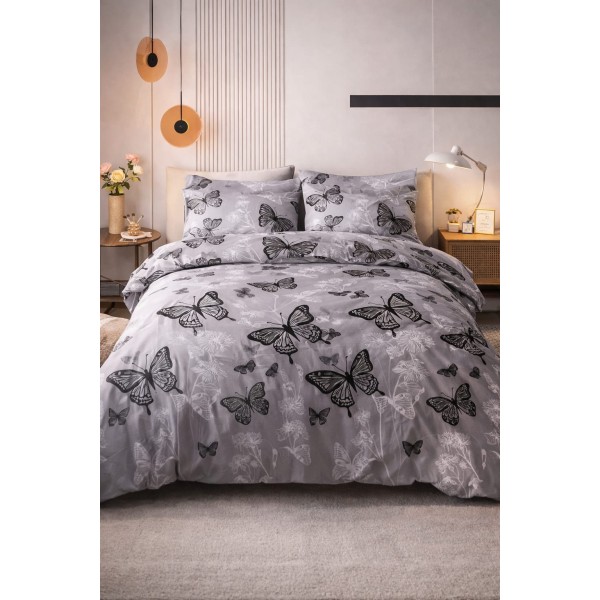 Lenjerie de Pat Dublu 4 Piese din Bumbac Satinat Superior – Model Gri cu Imprimeu Fluturi, LDBS-023