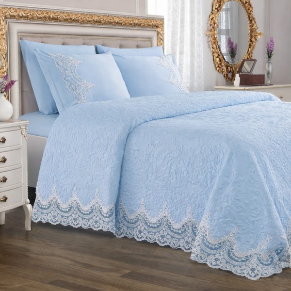 Set Cuvertură de Lux Matlasată Bleu cu Dantelă Elegantă – 6 Piese, Pat Dublu 2 Persoane, CME-013