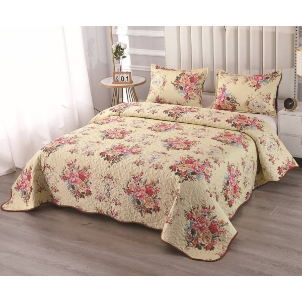 Cuvertură Pat Dublu cu 2 Fețe de Pernă din Bumbac Satinat – Model Floral Crem, OCT-015