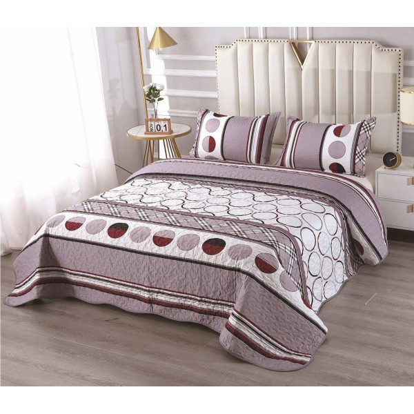 Cuvertură Pat Dublu cu 2 Fețe de Pernă – Bumbac Satinat Model Geometric Mov Prăfuit & Bordo, CBS-034