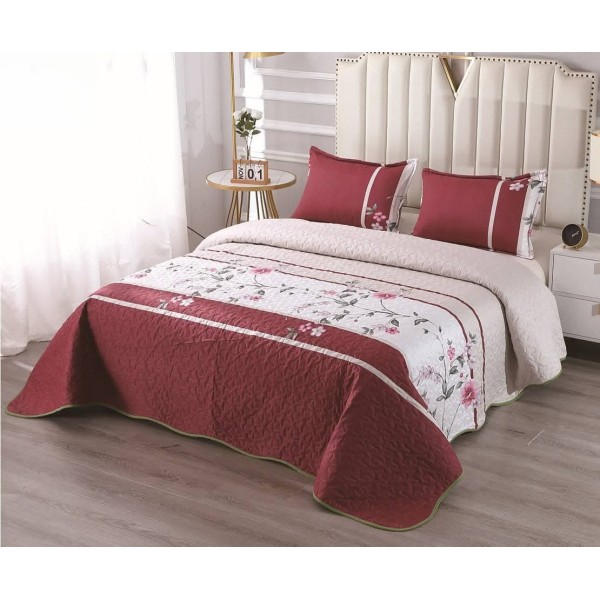 Cuvertură Pat Dublu cu 2 Fețe de Pernă – Bumbac Satinat, Model Floral Bordo Elegant, OCT-012