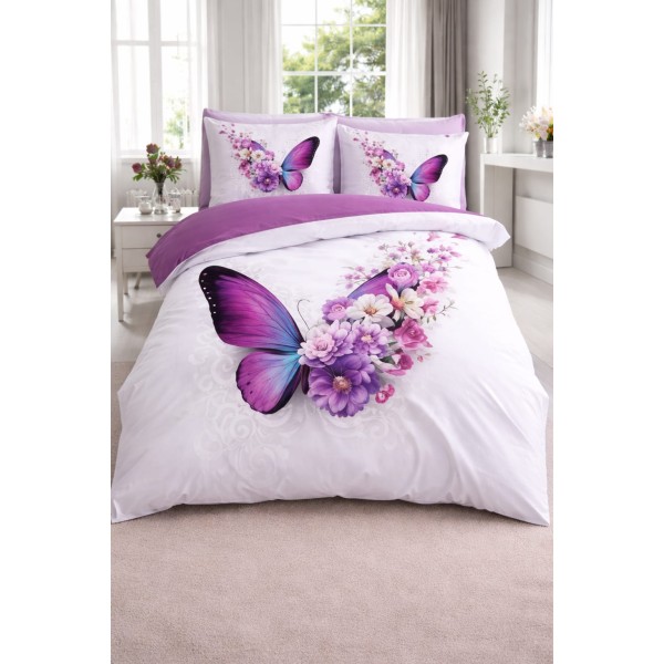 Lenjerie de Pat Dublu 4 Piese din Bumbac Satinat Superior – Model Fluture Mov cu Flori, LDBS-172