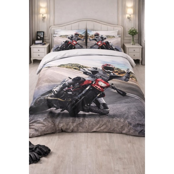 Lenjerie de Pat Dublu 4 Piese din Bumbac Satinat Superior – Model Motocicletă Sport Racing, LDBS-183