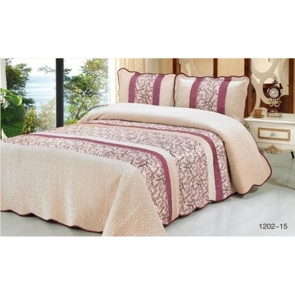 Cuvertură Pat Dublu 3 Piese Catifea Matlasată 230x250 cm + 2 Fețe Pernă – Model Elegant Crem cu Accente Mov, CCV-107