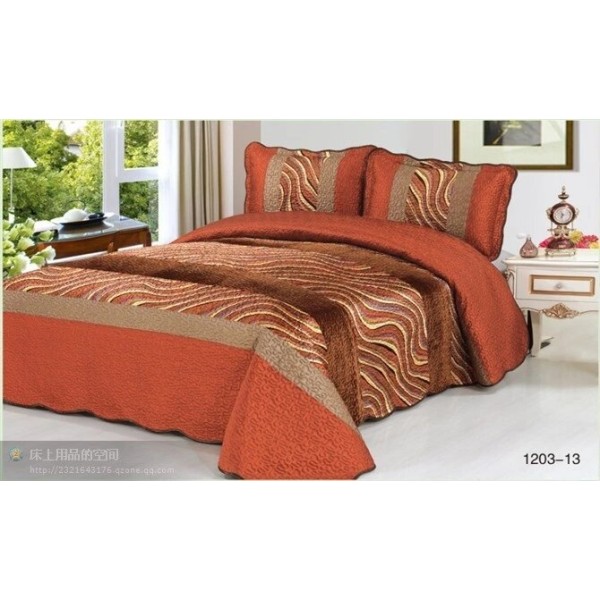 Cuvertură Pat Dublu 3 Piese Catifea Matlasată 230x250 cm + 2 Fețe Pernă – Model Elegant Portocaliu Maro, CCV-031