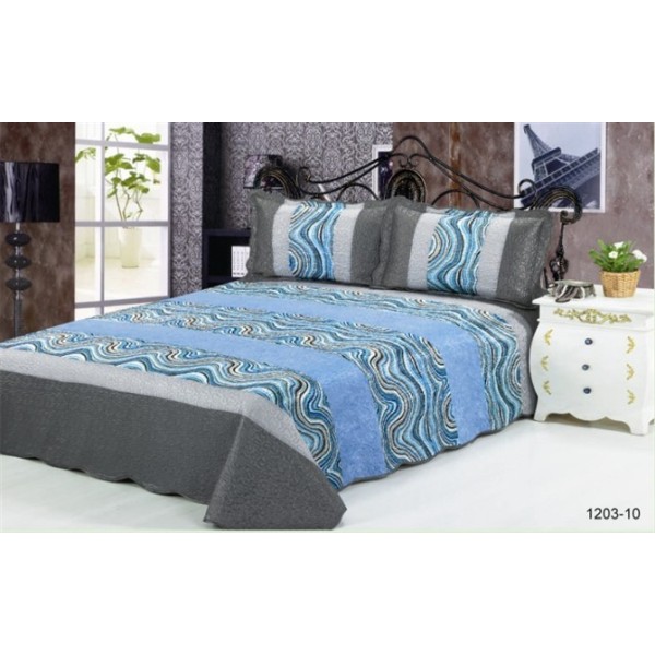 Cuvertură Pat Dublu 3 Piese Catifea Matlasată 230x250 cm + 2 Fețe Pernă – Model Abstract Albastru Gri, CCV-032