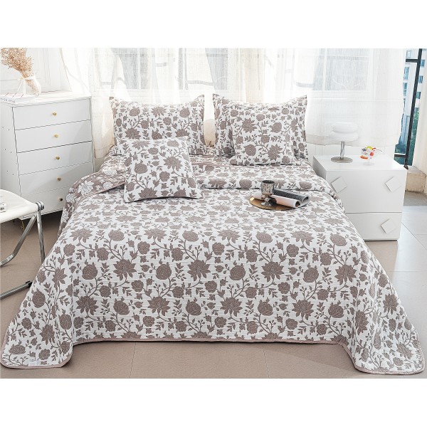 Set Cuvertură Pat 5 Piese Bumbac cu In 230x250 cm – Model Floral Maro Elegant, CBI-018