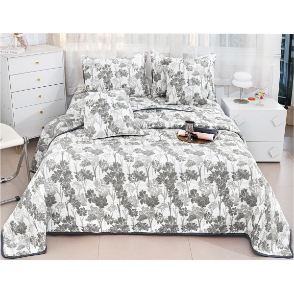 Set Cuvertură Pat 5 Piese Bumbac cu In 230x250 cm – Model Floral Gri Elegant, CBI-022