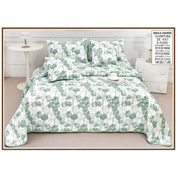 Set Cuvertură Pat 5 Piese Bumbac cu In 230x250 cm – Model Floral Verde Elegant, CBI-023