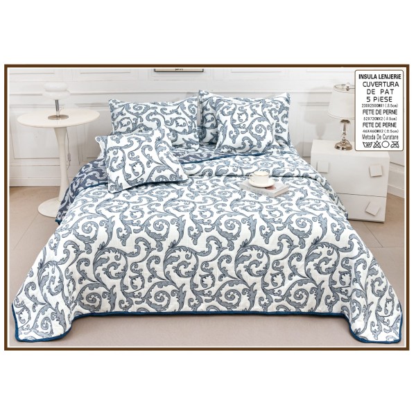Set Cuvertură Pat 5 Piese Bumbac cu In 230x250 cm – Model Arabesc Albastru Elegant, CBI-024