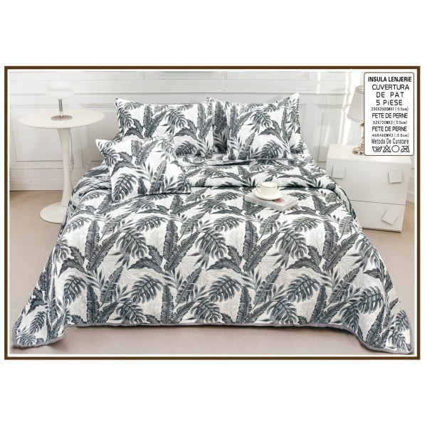Set Cuvertură Pat 5 Piese Bumbac cu In 230x250 cm – Model Frunze Gri Modern, CBI-025